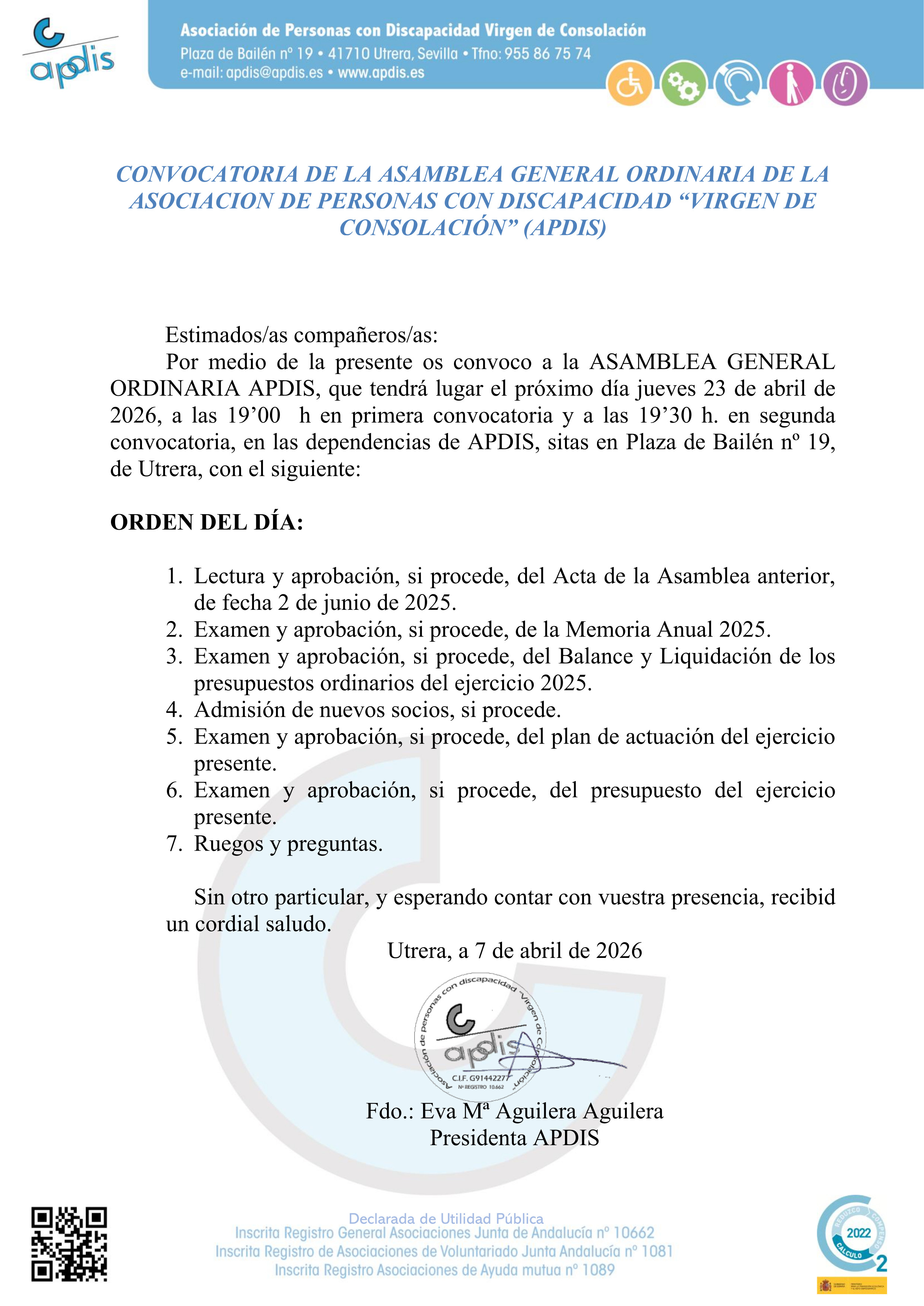 CONVOCATORIA DE LA ASAMBLEA GENERAL ORDINARIA DE LA ASOCIACION DE PERSONAS CON DISCAPACIDAD â€œVIRGEN DE CONSOLACIÃ“Nâ€ 
